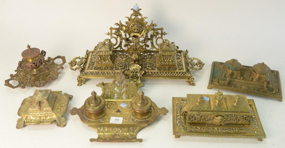 Group of Six Brass Inkwell Desk Sets, largest height 9 (1 of 6)