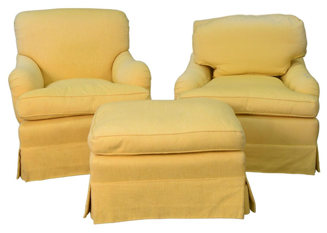 Two Easy Chairs, in custom yellow upholstery, one with (1 of 3)