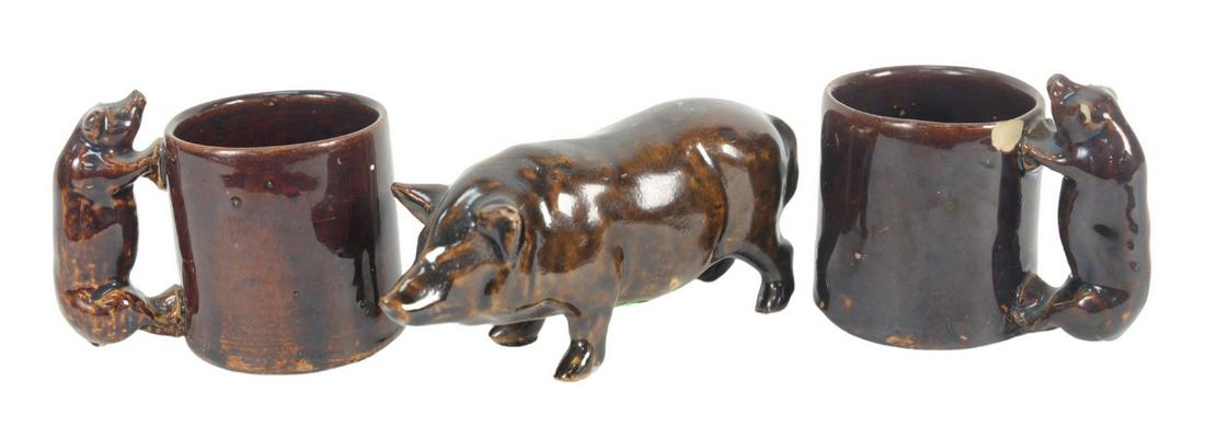 Three Brown Glazed Pottery Pieces, to include standing (1 of 5)