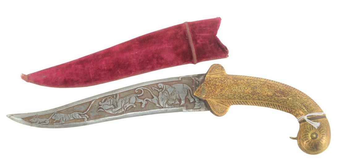 Indian Dagger having gold inlaid hilt blade carved with (1 of 4)