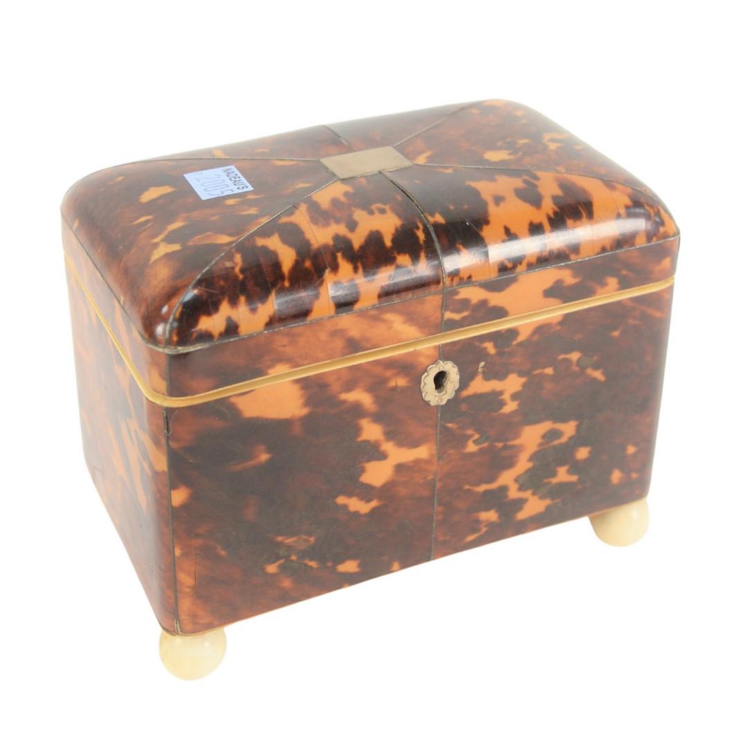 Regency Tortoiseshell Tea Caddy, having silver inlay, (1 of 4)