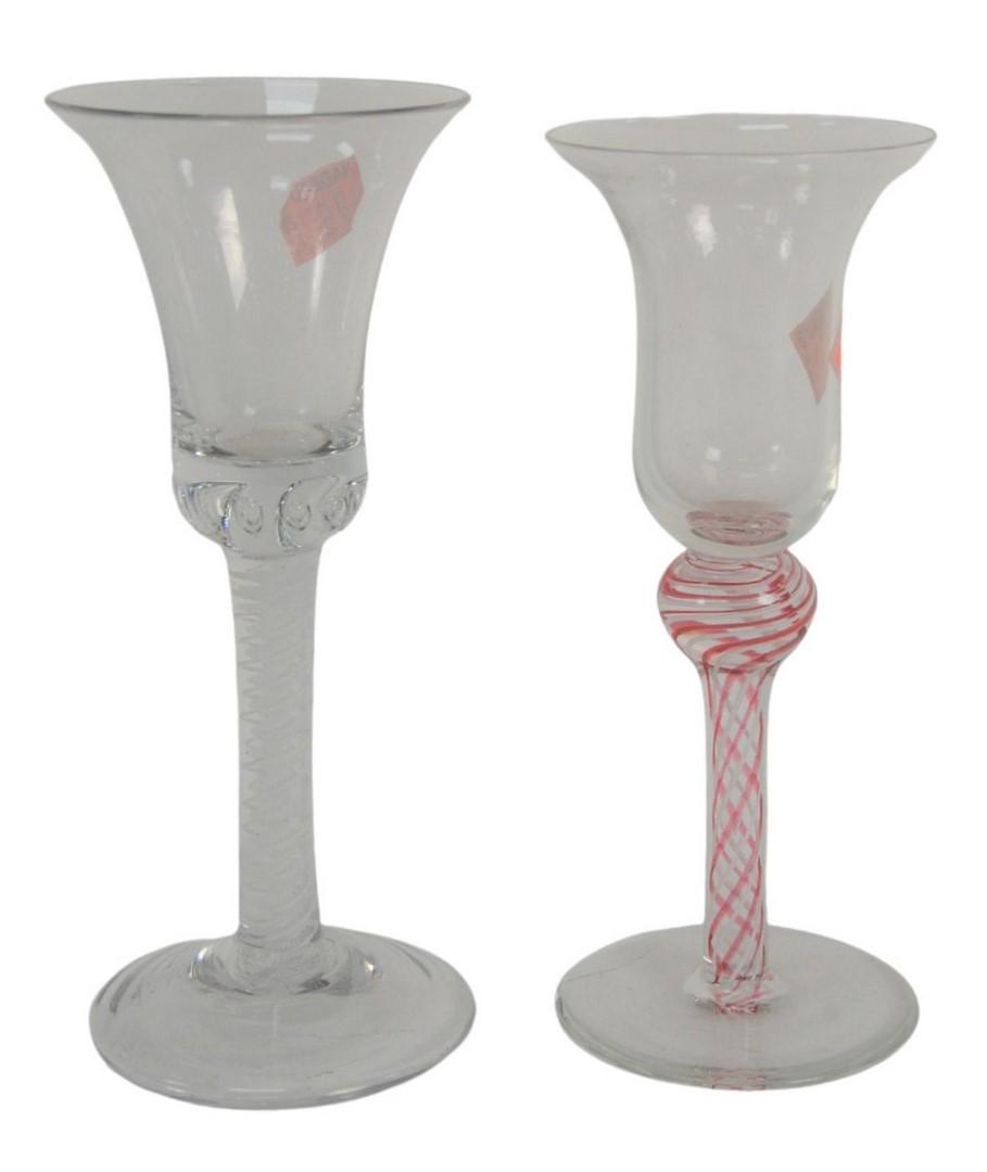 Two Wine Glasses, to include one having red and cotton: Two Wine Glasses, to include one having red and cotton ribbon twist; along with one having cotton twist with bubbles, height 7 inches. Provenance: 1974 Ginsburg and Levy, New York receipt. The Estate 