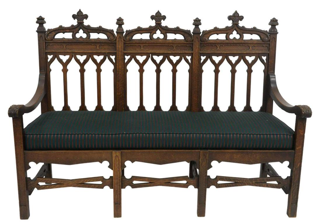 Gothic Style Oak Triple Back Bench, with newly (1 of 4)