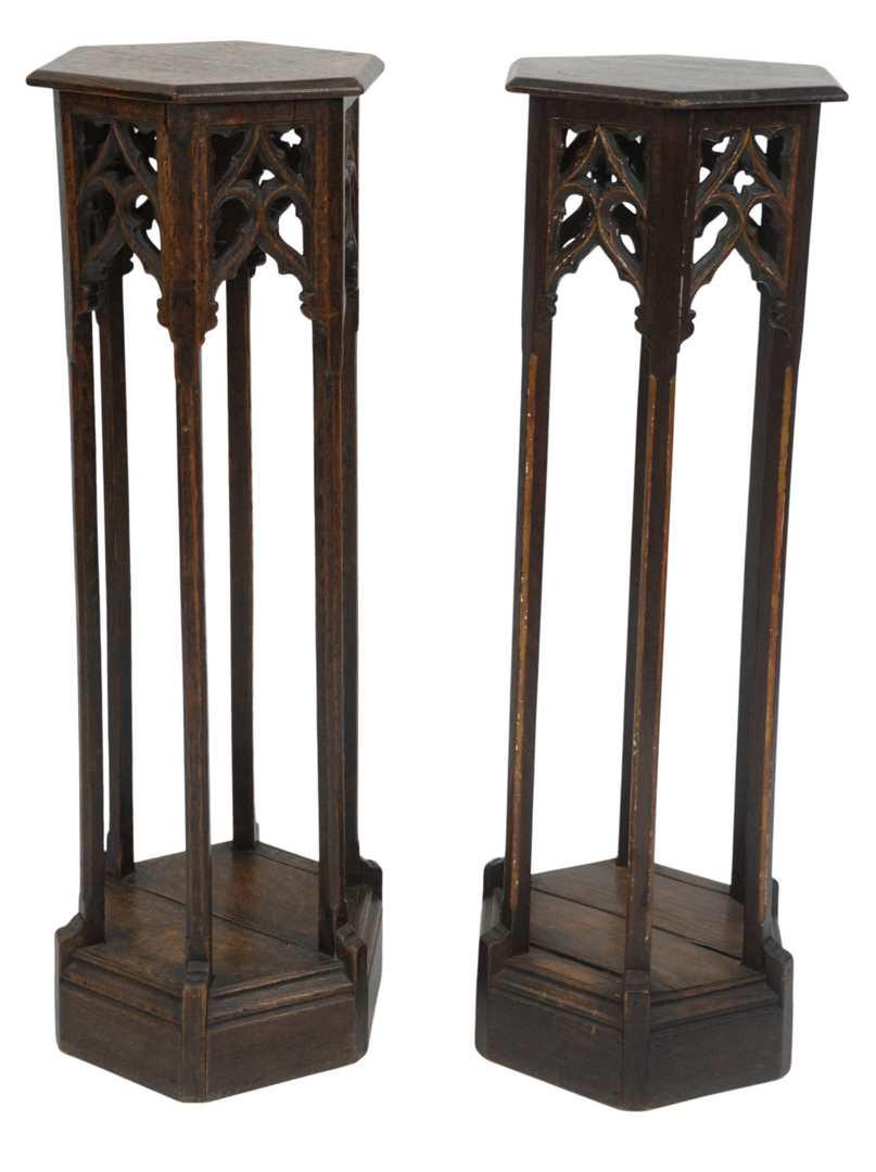 Pair of Gothic Style Oak Pedestals, with six sided top (1 of 4)