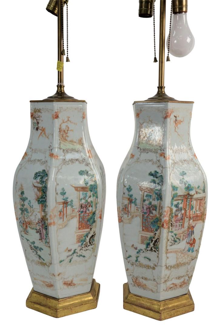 Pair of Famille Rose Hexagonal Vases mounted as lamps (1 of 5)
