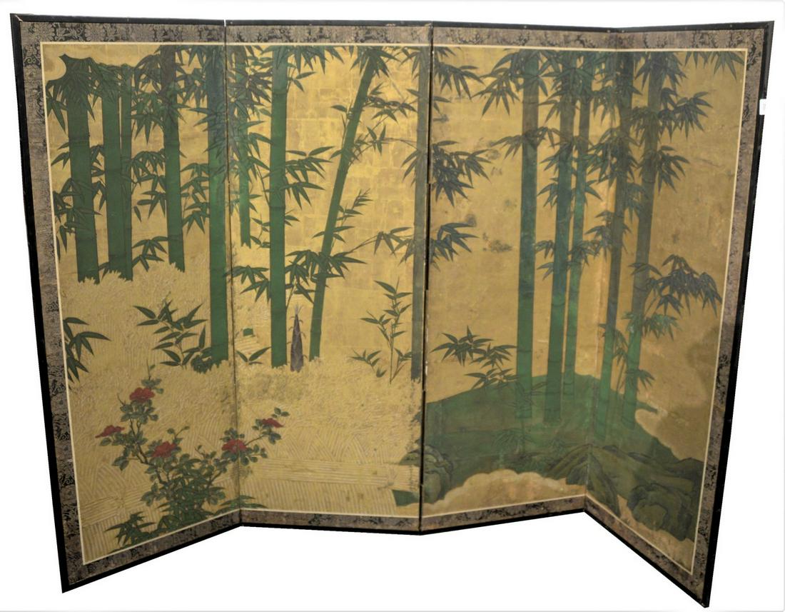 A Four-Fold Gold Leafed and Painted Paper Screen, (1 of 4)