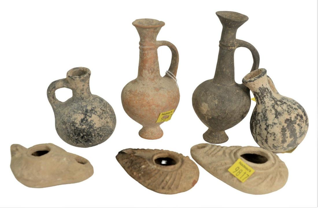 Group of Seven Ancient Clay Items to include three oil (1 of 5)