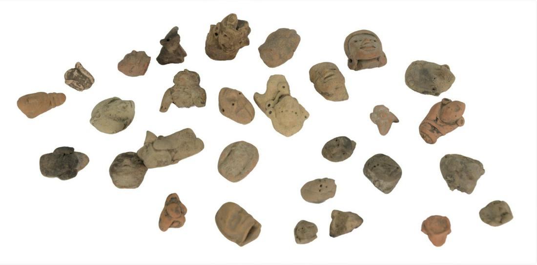 Group of Pre Columbian Earthenware to include heads and: Group of Pre Columbian Earthenware to include heads and figures, most classic period AD 300 - 1000, from central Mexico, having 1990 Yale University authentication letter, largest height 2 1/4 inches.