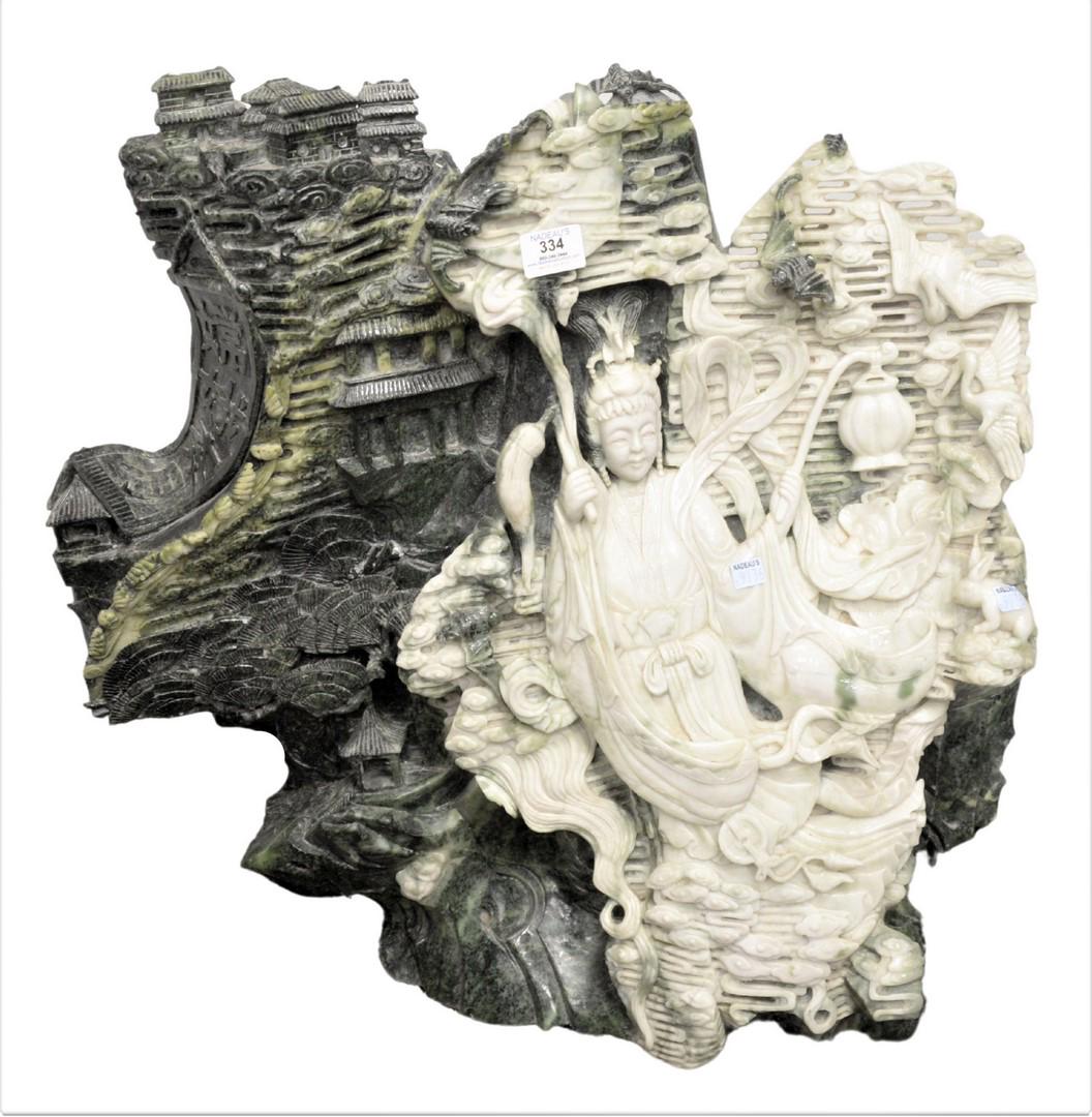 Large Carved Green and White Stone Sculpture having: Large Carved Green and White Stone Sculpture having carved Chinese scene with pagoda forms, 25" x 25" x 8 1/2".