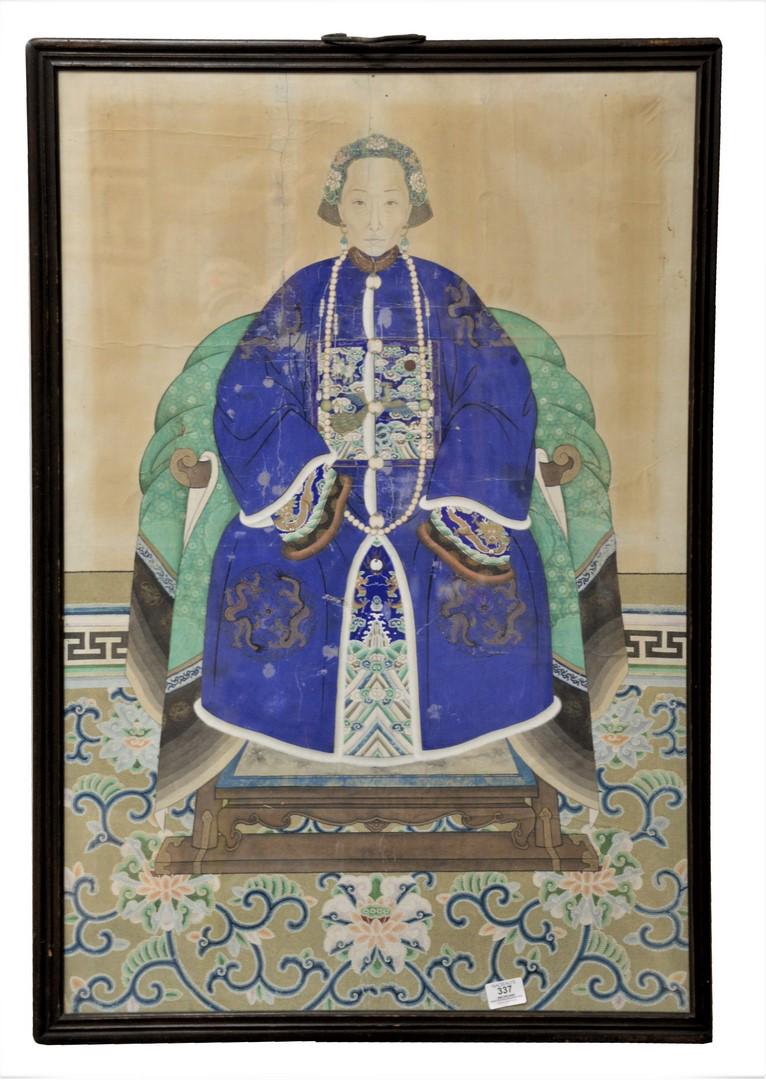 Chinese Ancestor Portrait wearing a blue robe with: Chinese Ancestor Portrait wearing a blue robe with peacock badge and dragon sleeves, watercolor on paper, mounted on linen, (repaired), 25" x 37 1/2". Provenance: The Estate of Alan Gans, Mulberry Poi
