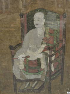 Large Framed Rare Sino-Korean Monastic Portrait of: Large Framed Rare Sino-Korean Monastic Portrait of "Yuan Chiao Kuo Shih Chih Hsiang" ink and oil on silk, circa 14th/15th centuries or later, having Ralph M. Chait Galleries labels adhered to the back