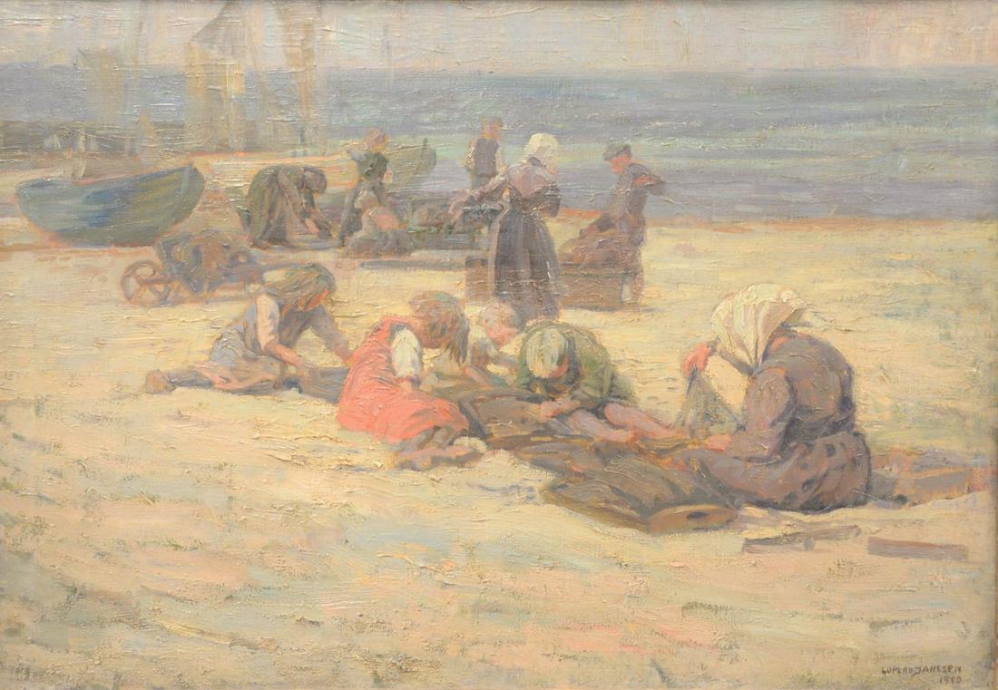 Luplau Janssen (Danish, 1869 - 1927), beach scene with: Luplau Janssen (Danish, 1869 - 1927), beach scene with ships and figures, 1910, oil on canvas, signed and dated lower right "Luplau Janssen, 1910," 21" x 30 1/2". Provenance: The Edward C. Cohen Galle