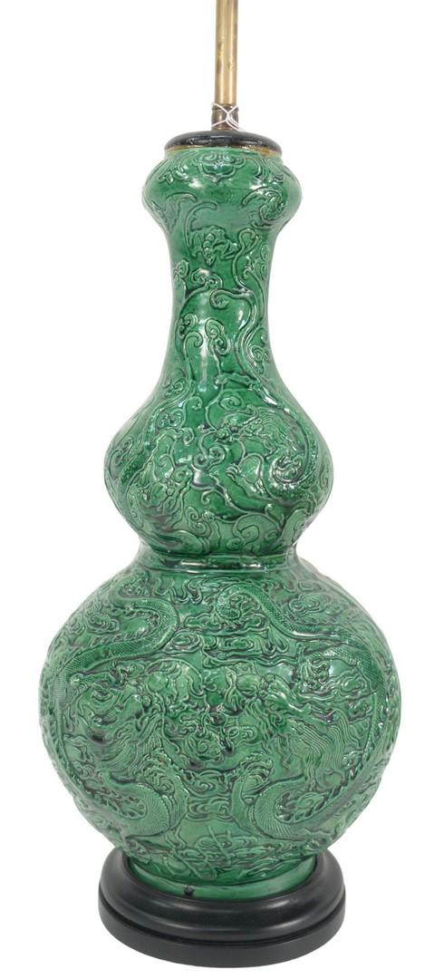 Green Glazed Chinese Double Gourd Dragon Vase/Lamp with (1 of 4)