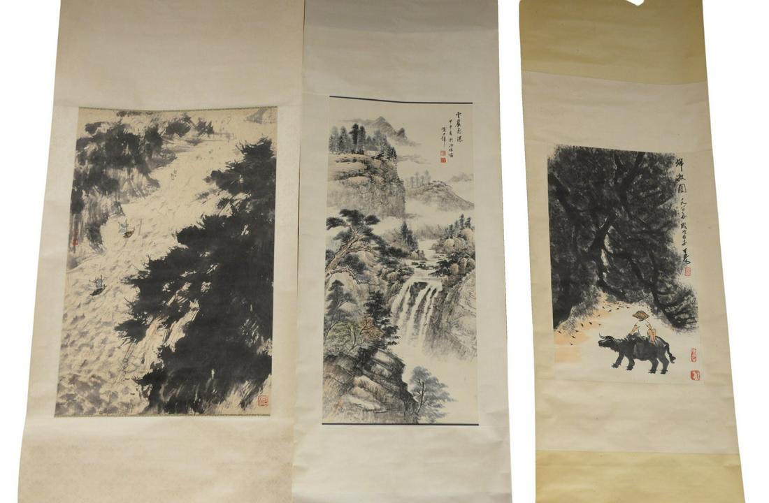 Three Oriental scrolls, watercolor of large river (1 of 4)