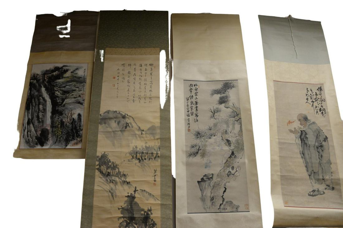 Group of four Oriental scrolls; watercolor on paper of (1 of 5)