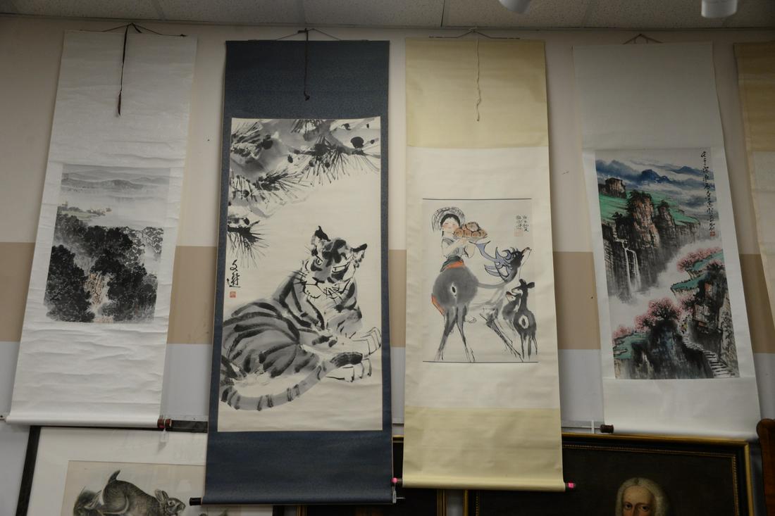 Group of four Oriental scrolls to include watercolor of (1 of 4)