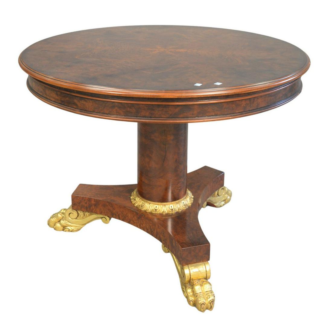 Burlwood Round Pedestal Table having gilt support and (1 of 4)