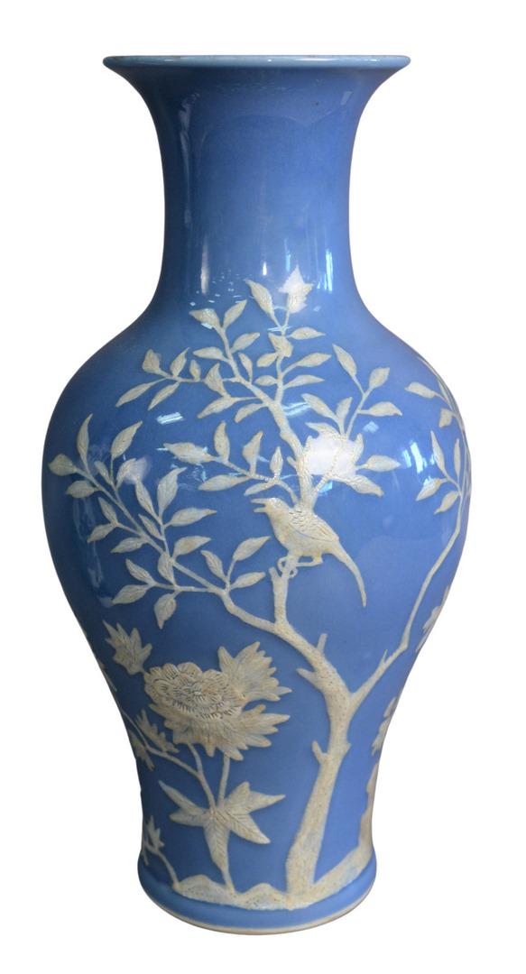 Chinese Blue Glazed Vase with white relief detailing of (1 of 4)