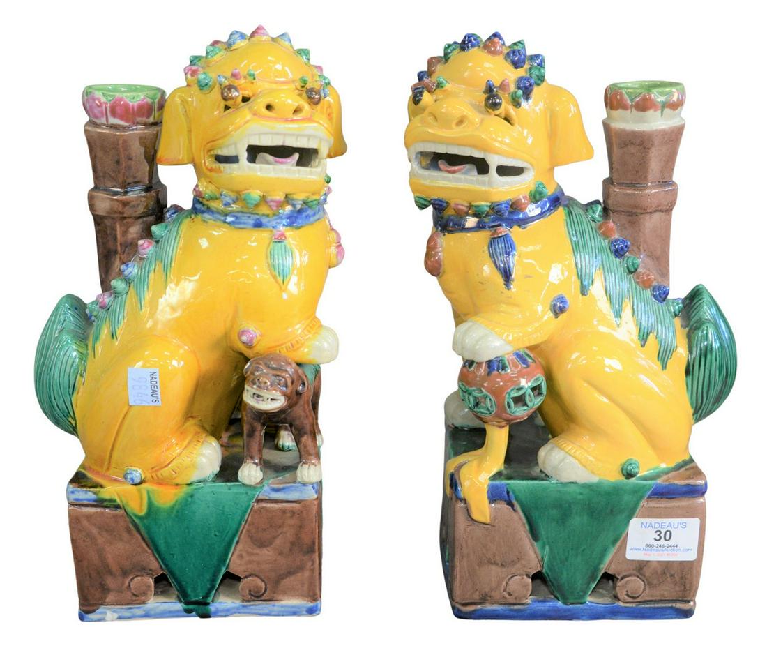 Pair of Chinese Foo Dog Candlesticks, height 12 1/2 (1 of 5)