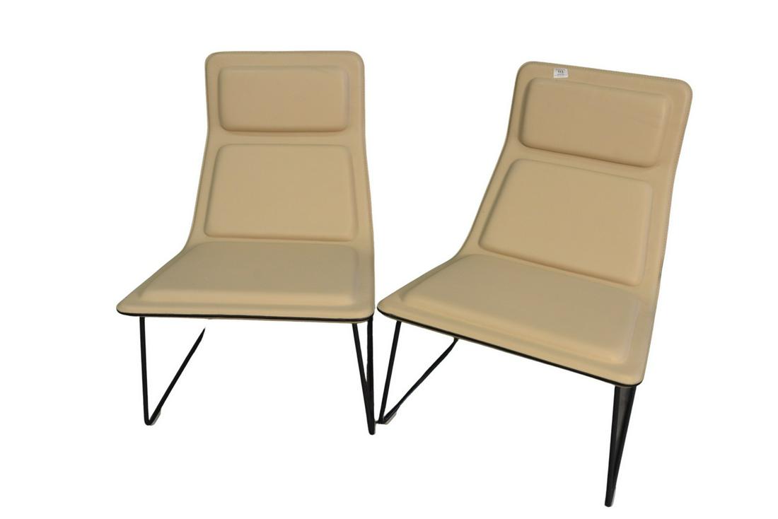 Pair of Jasper Morrison "Low Pad" Chairs, made by: Pair of Jasper Morrison "Low Pad" Chairs, made by Cappellini Millan, tan leather with extra grey leather pad, height 31 1/2 inches.