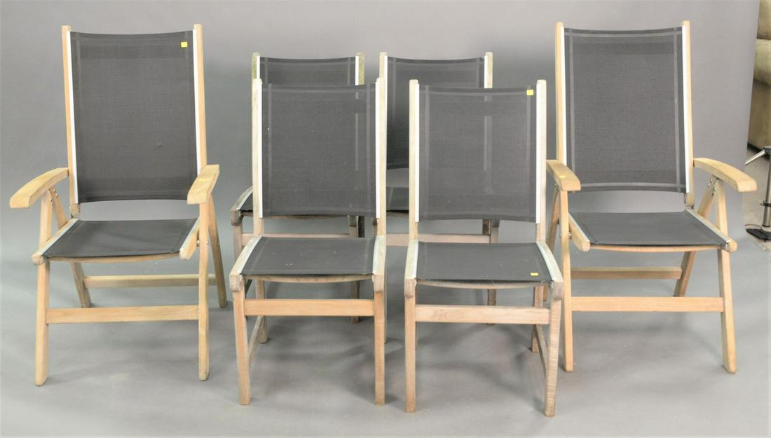 Six Kingsley Bate Teak Chairs with mesh seats and: Six Kingsley Bate Teak Chairs with mesh seats and backs, to include two arm and six side.