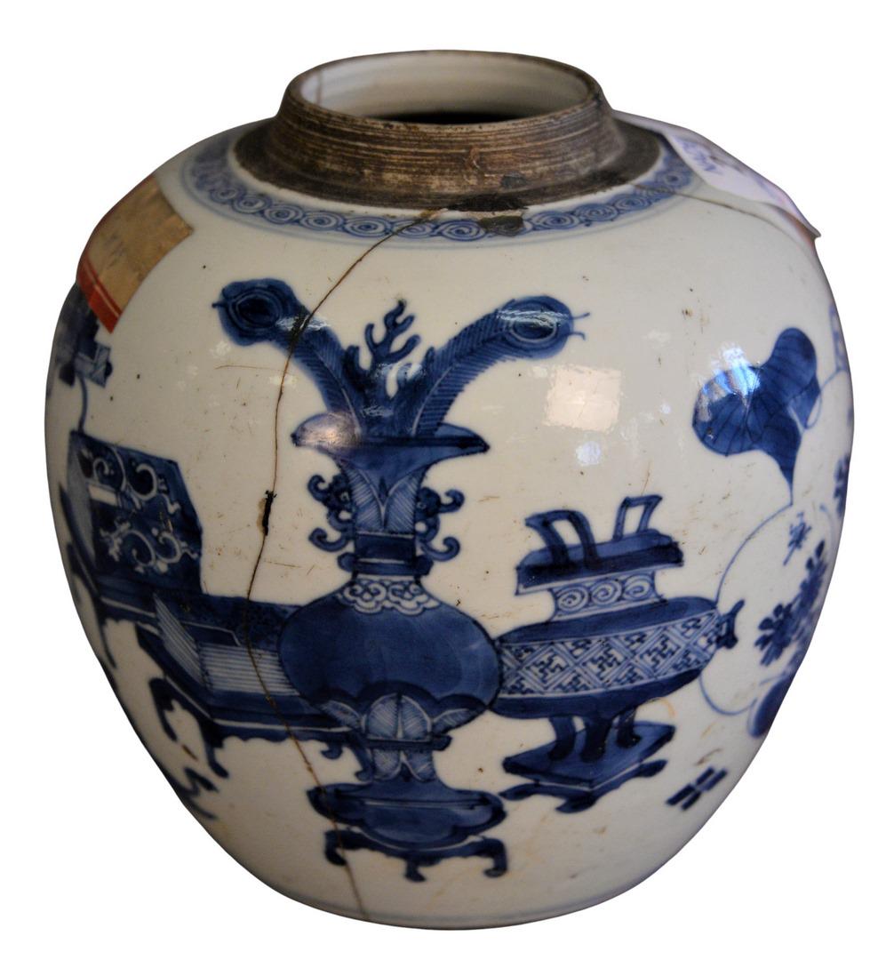 Chinese Ginger Jar having blue decoration, probably: Chinese Ginger Jar having blue decoration, probably 18th century, height 5 1/2 inches, (broken and repaired). Provenance: From a Newport, Rhode Island historic home, in the same family since 1761.