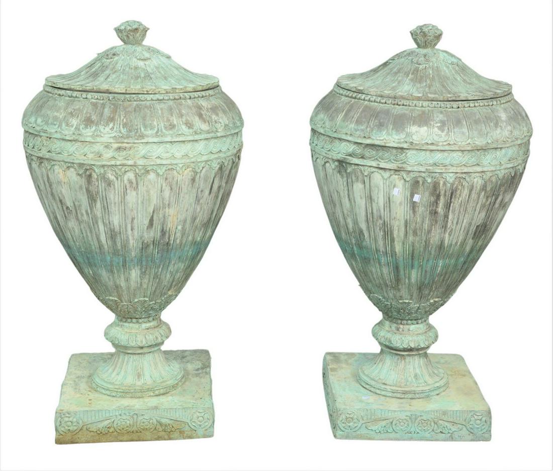 Pair of Bronze Covered Urns having fluted design with (1 of 5)