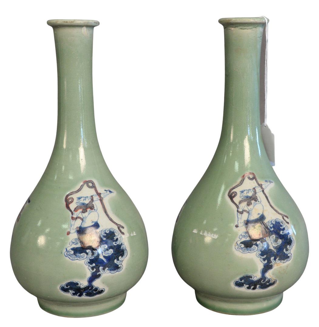 Pair of Chinese Celadon Glazed Bottle Vases having (1 of 4)
