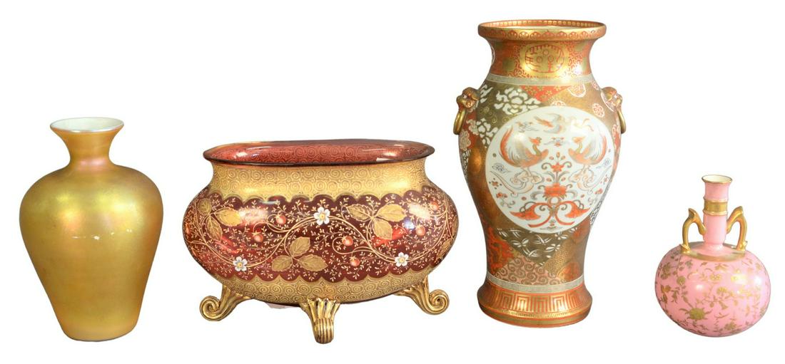 Four Piece Lot to include Minton vase; iridescent gold: Four Piece Lot to include Minton vase; iridescent gold vase; cranberry enameled vase with strawberries (one rim chip); along with a Japanese vase (small rim repair), tallest 12 1/4 inches.