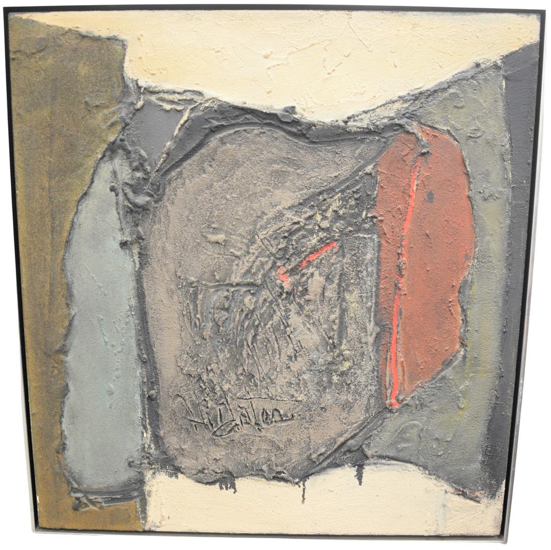 Harry Irving Gates (American, b. 1934), Bridge Image,: Harry Irving Gates (American, b. 1934), Bridge Image, mixed media with sand on canvas, signed lower center "H. Gates", 33" x 31".