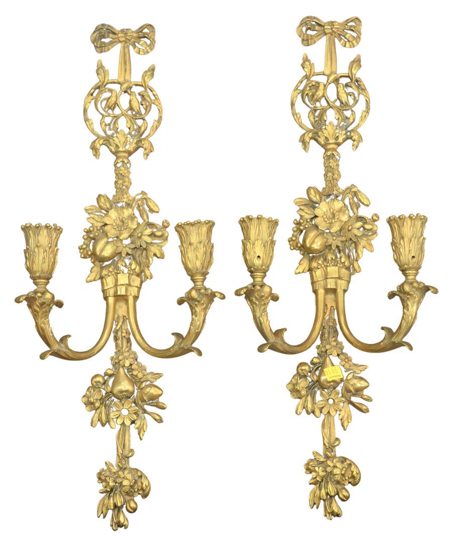 Pair of French Gilt Bronze Sconces each having two (1 of 4)