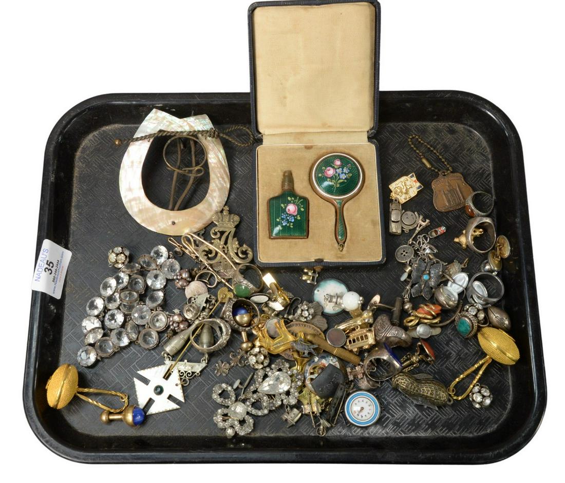 Tray Lot of Custom Jewelry and Assorted Items, to: Tray Lot of Custom Jewelry and Assorted Items, to include enameled bottle and miniature mirror in fitted case, sterling rings, enameled clock, rhinestones, etc.