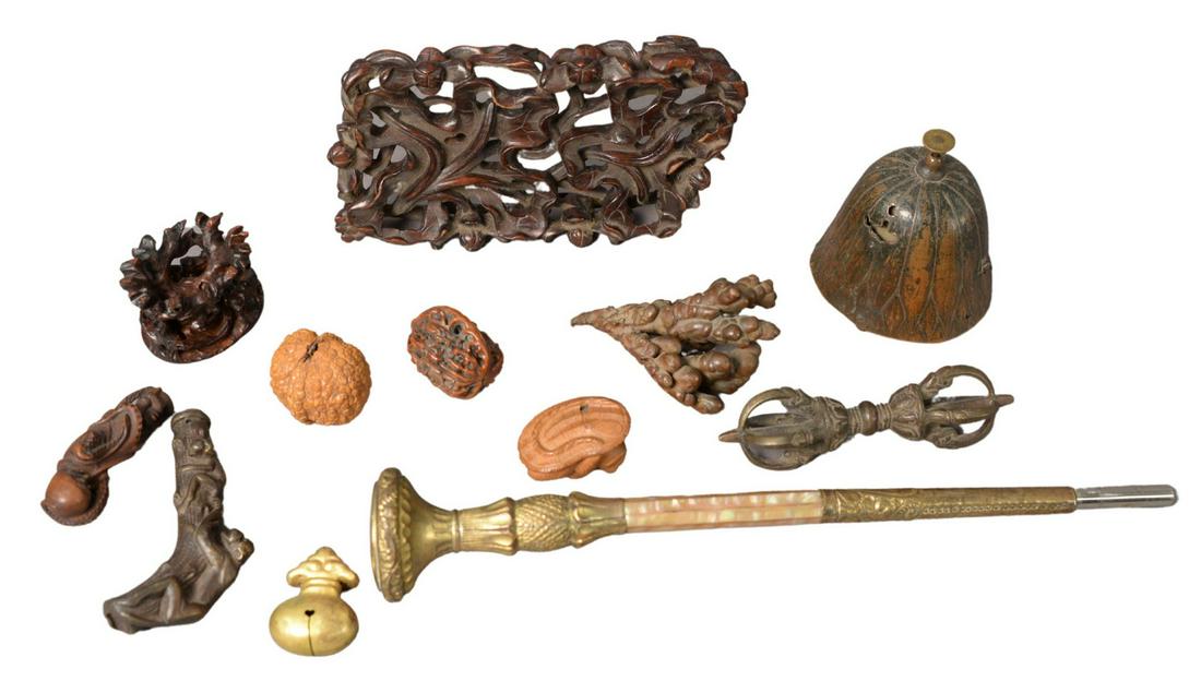 Assorted Group of Items, to include carved wood toad: Assorted Group of Items, to include carved wood toad netsuke; spider mounted bronze bell with crabs; two carved Chinese stands; carved octopus netsuke; carved walnut shell 100 faces; carved figural wa