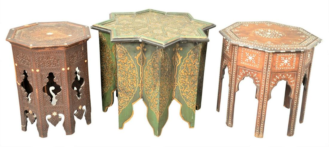 Three Syrian Taborets, one star shaped, largest height: Three Syrian Taborets, one star shaped, largest height 21 inches, largest diameter 28 inches.