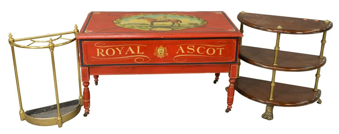 Three Piece Lot, to include a Royal Ascot paint: Three Piece Lot, to include a Royal Ascot paint decorated lift top chest, height 24 inches, top 21" x 42"; along with a three tier table and brass umbrella holder.