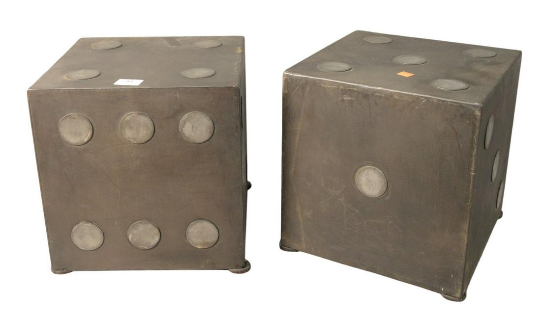 Pair of Steel Dice Form Brutalist End Tables, height 12: Pair of Steel Dice Form Brutalist End Tables, height 12 1/2 inches, width 12 1/4 inches, depth 12 inches.