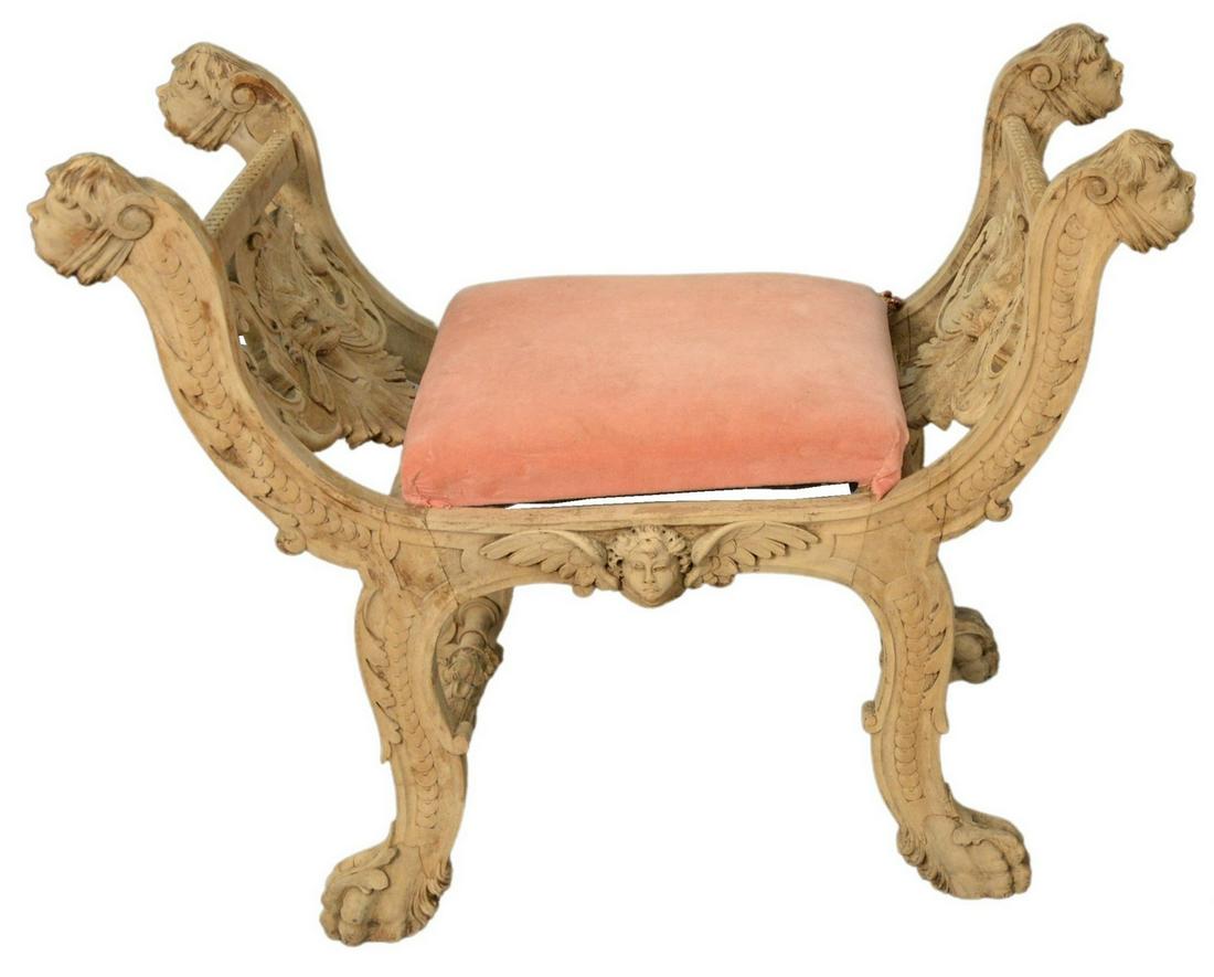 Venetian Carved Window Bench, having faces and claw: Venetian Carved Window Bench, having faces and claw feet, height 28 inches, seat height 20 inches, width 36 inches.