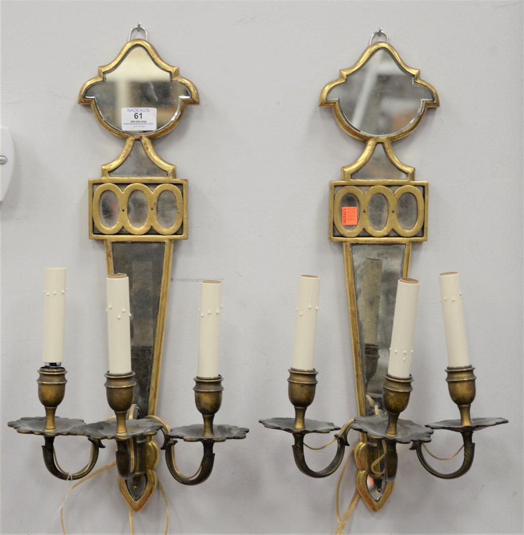 Pair of French Gilt Bronze and Mirrored Three Light: Pair of French Gilt Bronze and Mirrored Three Light Wall Sconces, height 22 inches, width 11 inches.