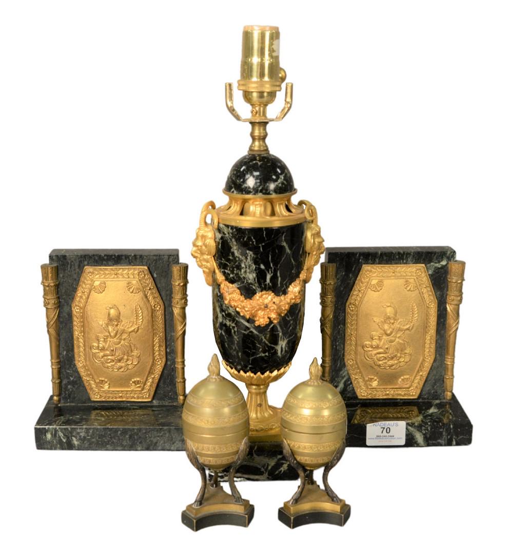 Five Piece Group, to include a pair of green marble and: Five Piece Group, to include a pair of green marble and brass mounted bookends; pair of brass and bronze egg form lighters; along with a green marble and gilt bronze mounted lamp, having mounted Bacch