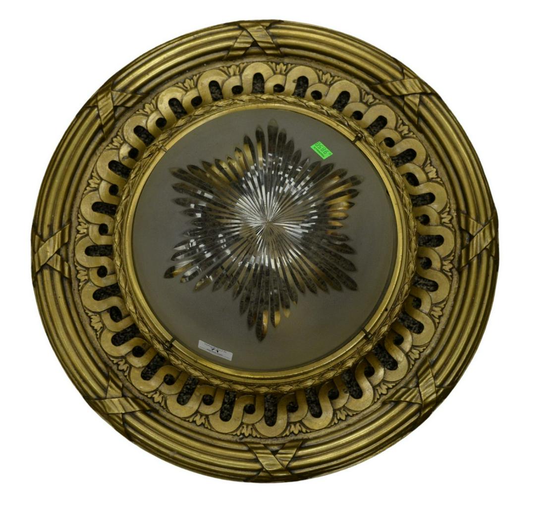 French Bronze Ceiling Light, having glass dome shade: French Bronze Ceiling Light, having glass dome shade with bronze frame, height 9 inches, diameter 20 inches.