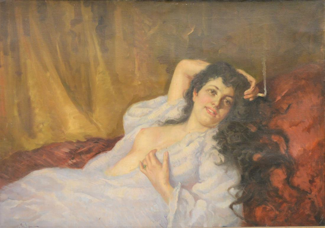 Continental School (19th century), woman smoking while: Continental School (19th century), woman smoking while reclining, oil on wax lined canvas, signed indistinctly lower left, height 27 1/2 inches, width 39 1/2 inches.