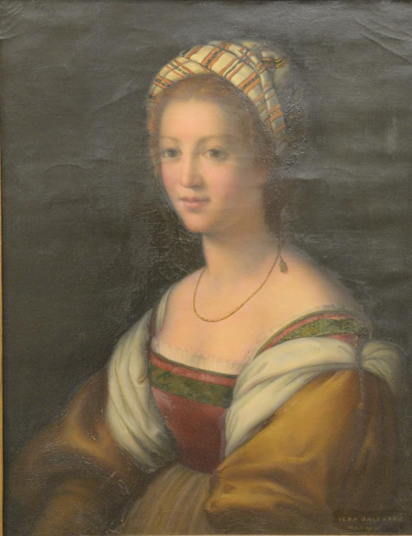 Madame Vera Walewski (19th/20th century), portrait of a: Madame Vera Walewski (19th/20th century), portrait of a lady, oil on canvas, signed and inscribed lower right "Vera Walewski Madrid," 24 1/2" x 19".