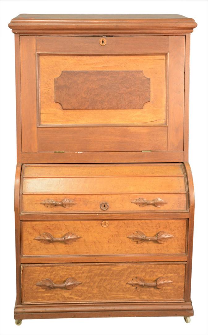 Unusual Walnut and Birdseye Maple Desk, having drop: Unusual Walnut and Birdseye Maple Desk, having drop front over three drawers and fold down writing surface on back, height 53 inches, width 33 inches.