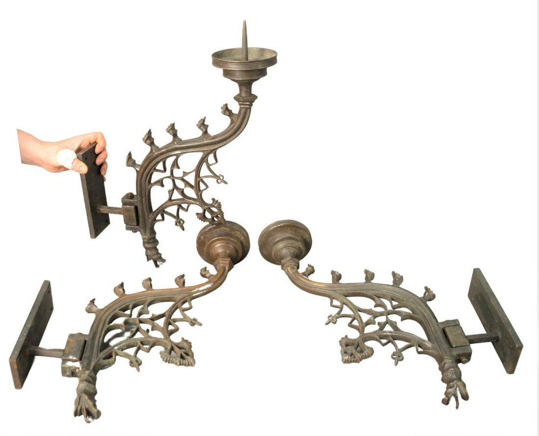 Set of Three Bronze Gothic Pricket Sconces, having: Set of Three Bronze Gothic Pricket Sconces, having serpent adjustable arm, 18th - 19th century, height 21 inches.
