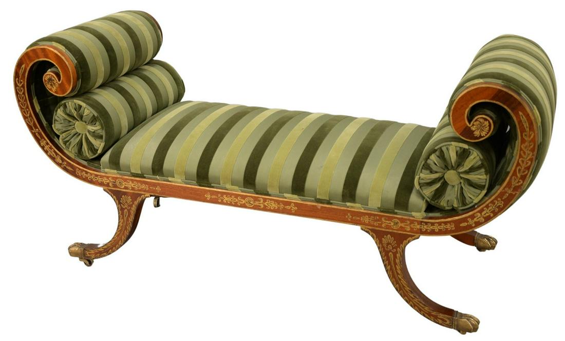 Regency Style Bench, having rolled arms and gilt: Regency Style Bench, having rolled arms and gilt decoration on downswept legs ending in brass paw feet, height 27 inches, width 57 inches, depth 20 inches.