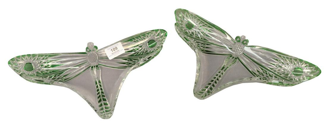 Pair of Green and Clear Cut Glass Dragonfly Form: Pair of Green and Clear Cut Glass Dragonfly Form Dishes, unmarked, possibly Webb, height 8 inches, width 13 inches.