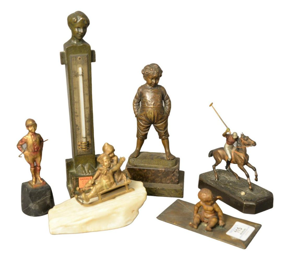Group of Six Sculptures, to include P. Kowalczewski,: Group of Six Sculptures, to include P. Kowalczewski, Sleigh Ride; standing bronze boy, signed illegibly; polo player on horse; Arts and Craft thermometer, marked LMS; heights 2 - 11 inches.