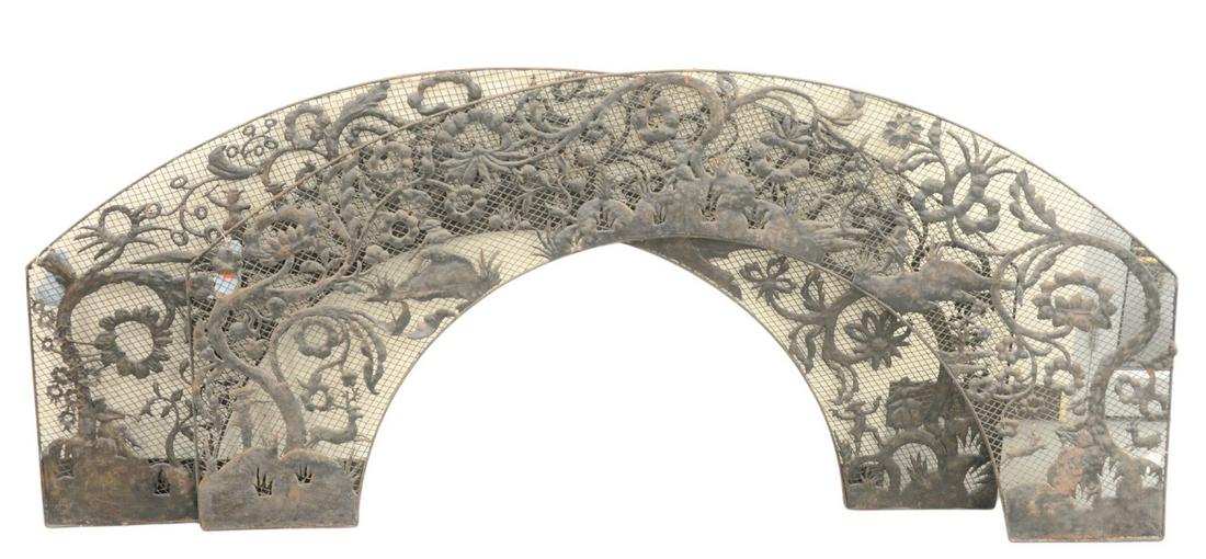 Pair of Large Over Door Architectural Valances, having: Pair of Large Over Door Architectural Valances, having scenic embossed metal, height 37 inches, width 78 inches.