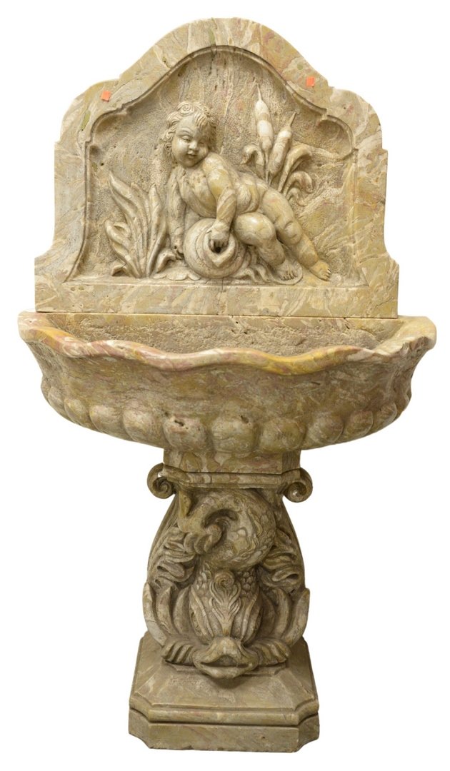 Three Piece Marble Fountain, having wall mounted putti: Three Piece Marble Fountain, having wall mounted putti fountain over scalloped oval bowls set on dolphin carved pedestal, probably 18th century or earlier.