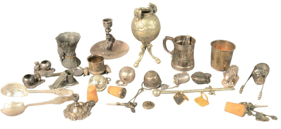 Tray Lot of Sterling Silver and Silver Plate, to: Tray Lot of Sterling Silver and Silver Plate, to include Wiese, Paris silver plated monkey candle holder; silver bottle stops; match holders; salts; silver mugs; silver tea balls; 14.6 t.oz. weighable